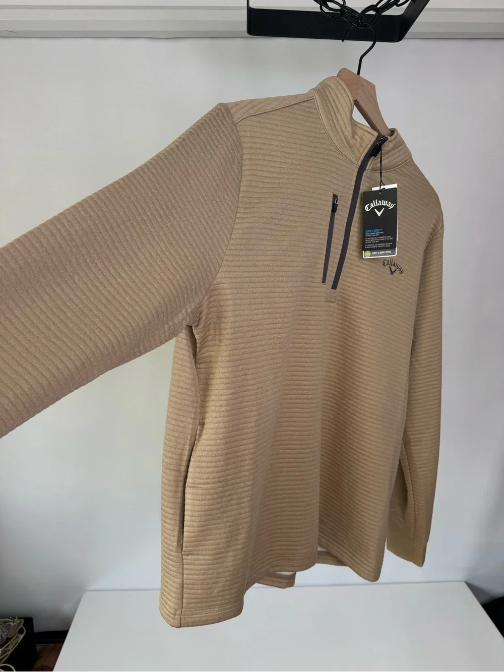 NWT Callaway Men’s Ottoman Quarter Zip Golf Base Layer Pullover Beige Opti-Dri